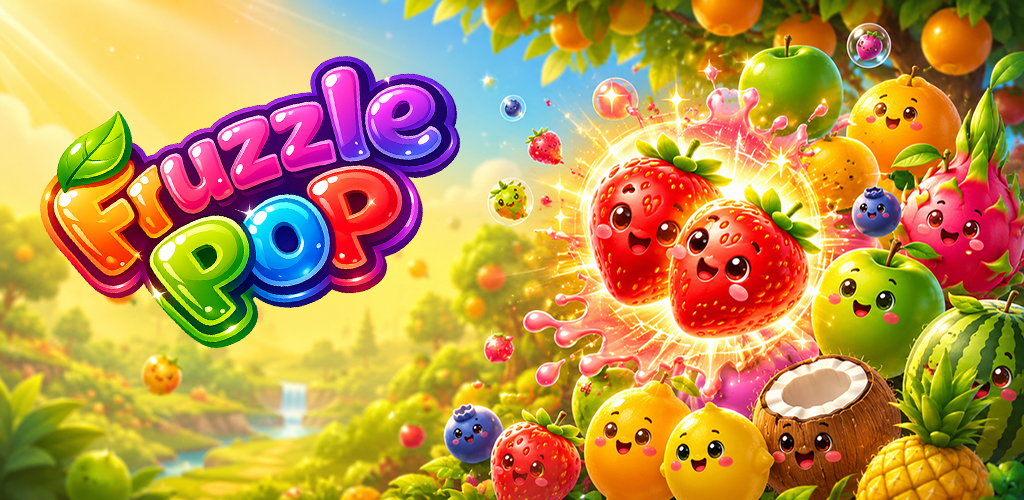 Fruzzle Pop gameplay artwork showing colorful merging fruit characters